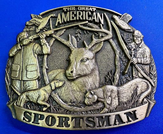 American Sportsman Bird Deer Riffle Bow Hunting Dog Solid Brass ADM Belt Buckle
