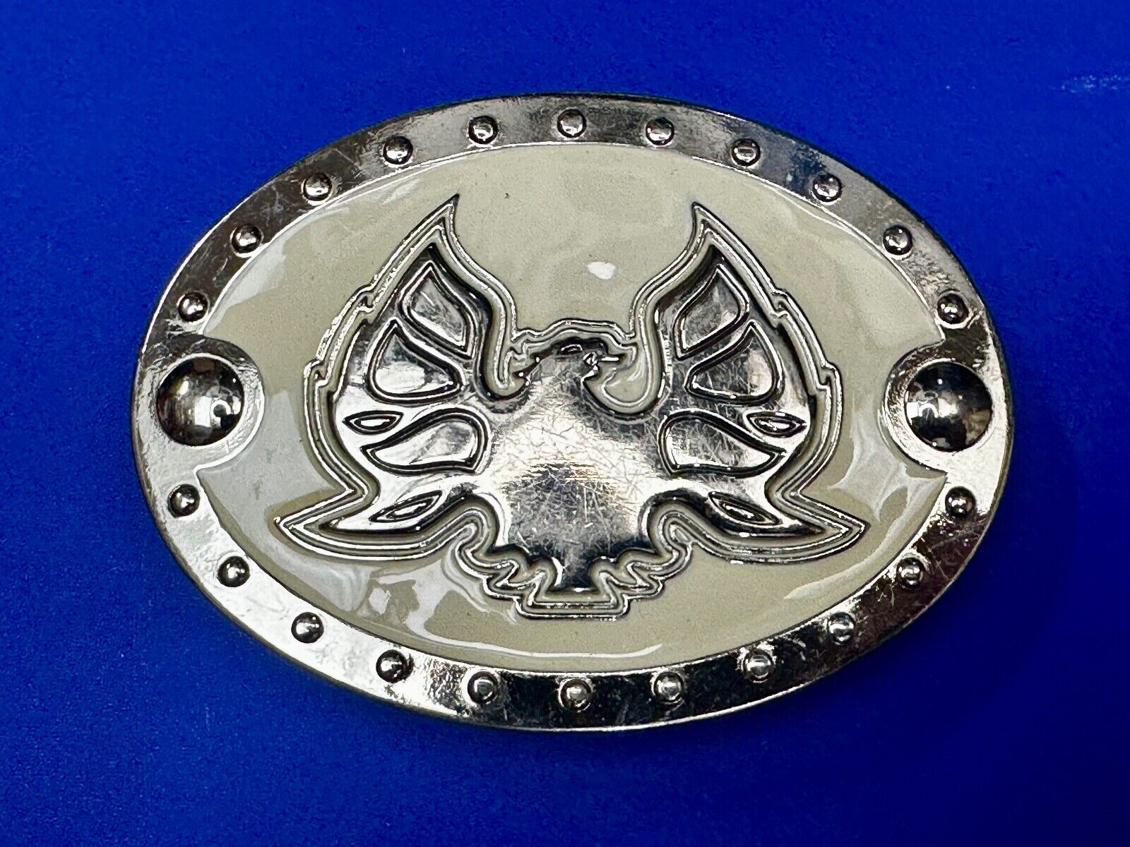 Thunderbird Eagle? Cream Color Enamel Studded Oval Silver Tone Belt Buckle