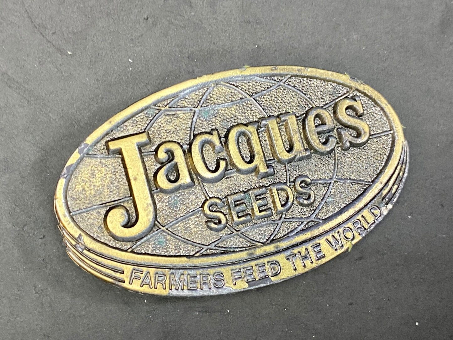  Vintage 1977 Jacques Seeds Farmers Feed The World Brass Tone Belt Buckle