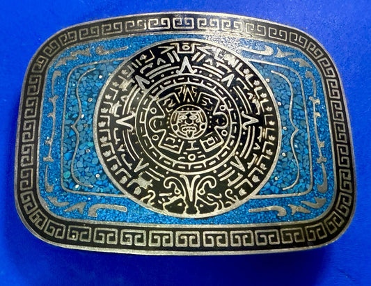 Aztec Mayan Calendar Turquoise Chip Inlay Tribal Art Belt Buckle Mexico Made