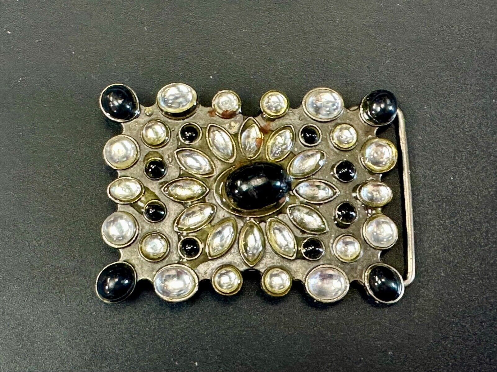 Vintage black and white rhinestone / silver tone belt buckle