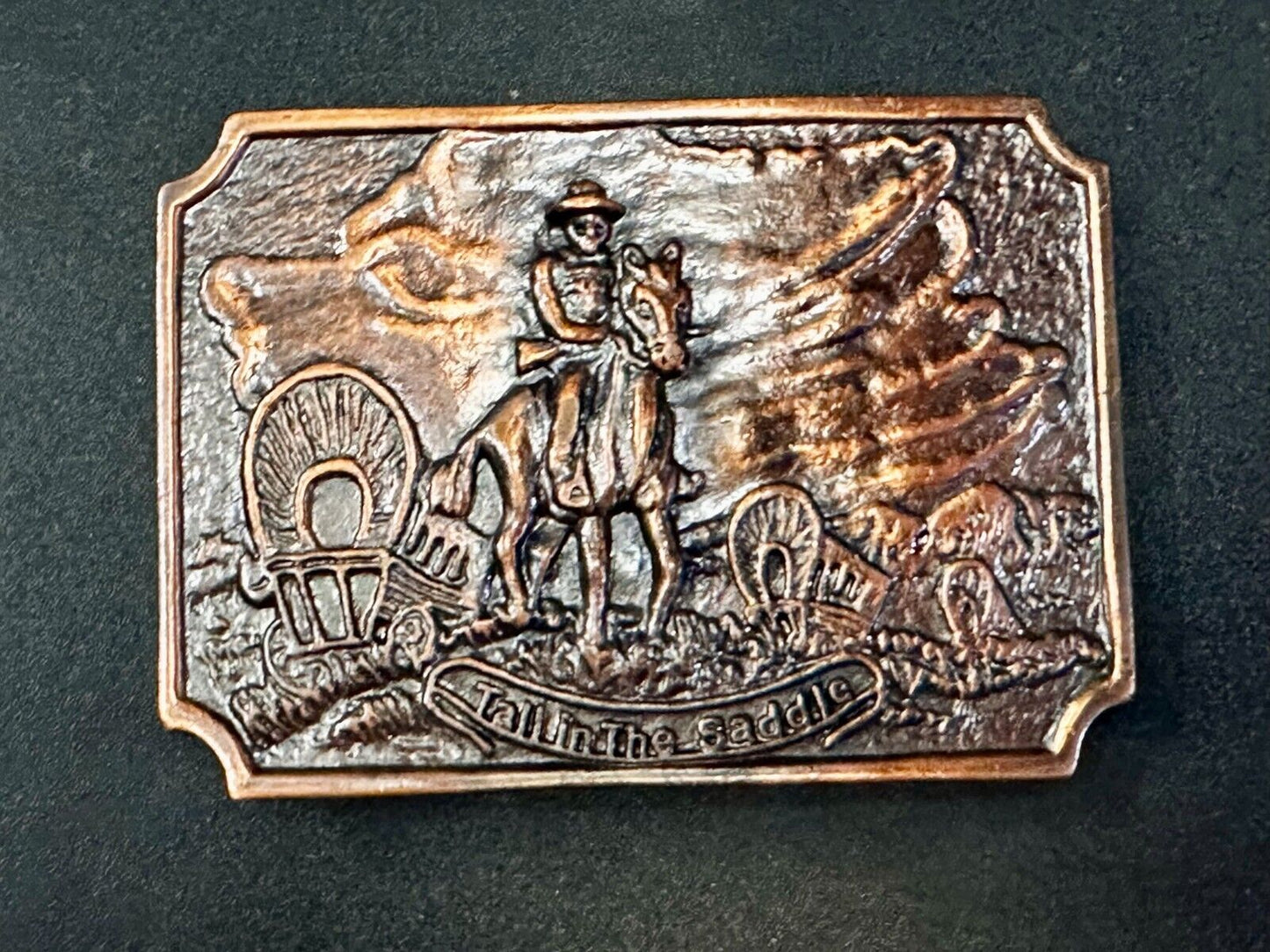 Tall in the Saddle Wagon Cowboy Horse Western Art Scene Vintage Belt Buckle