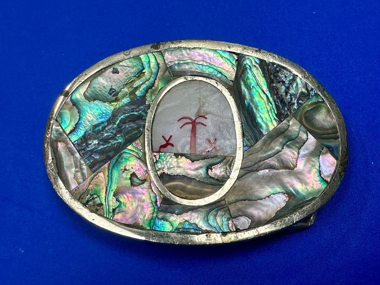 Abalone Shell Ocean Theme Palm Trees  3.5" wide Oval belt buckle from Mexico