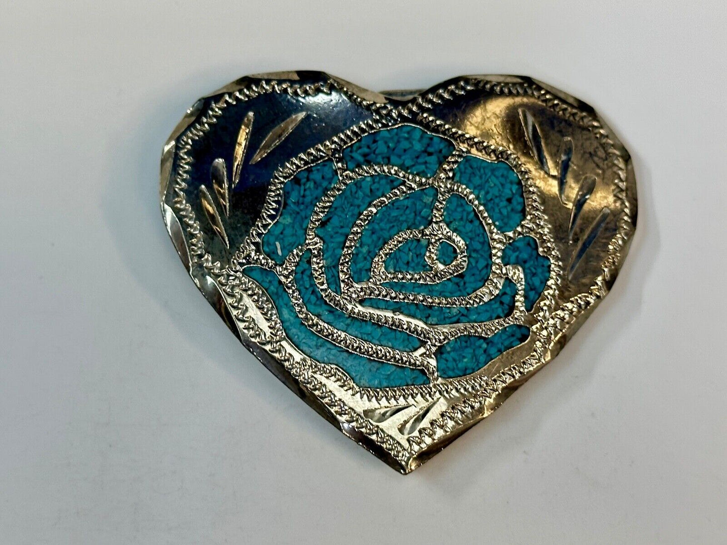 Turquoise inlaid rose flower to 3" wide heart shaped engraved swirl belt buckle