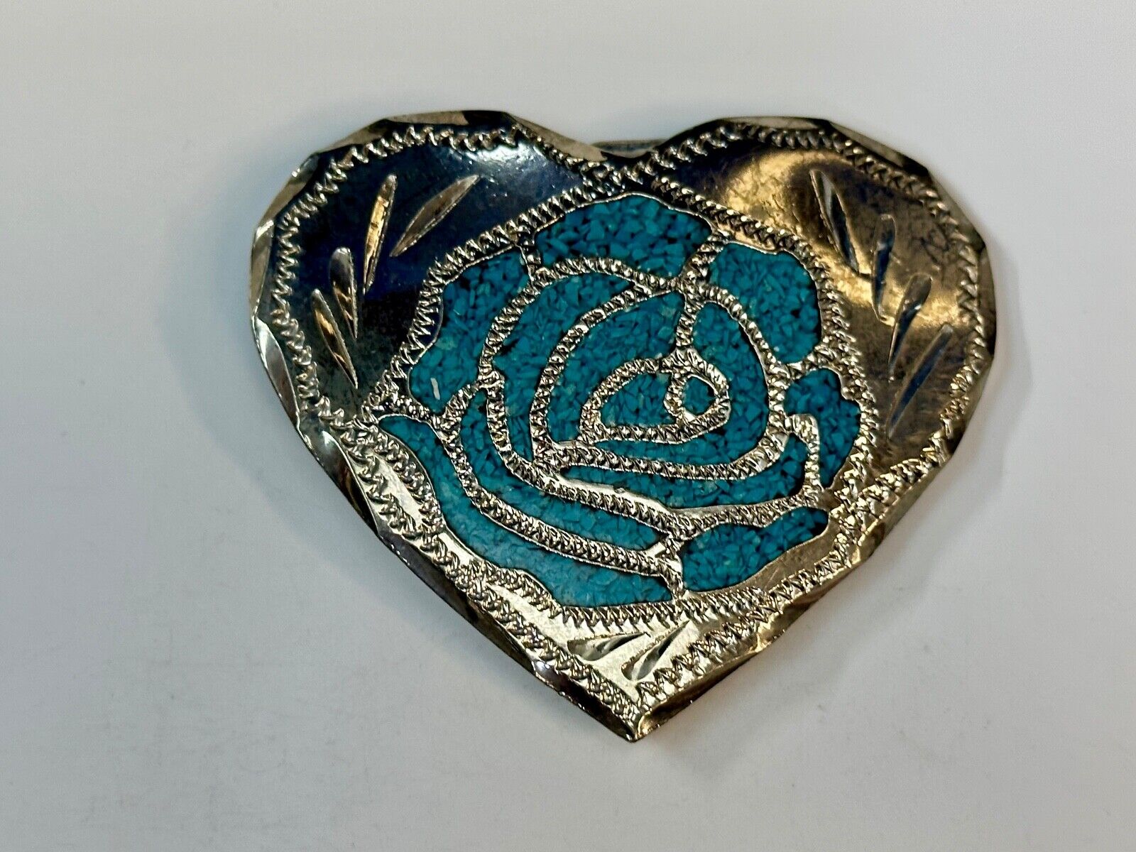 Turquoise inlaid rose flower to 3" wide heart shaped engraved swirl belt buckle
