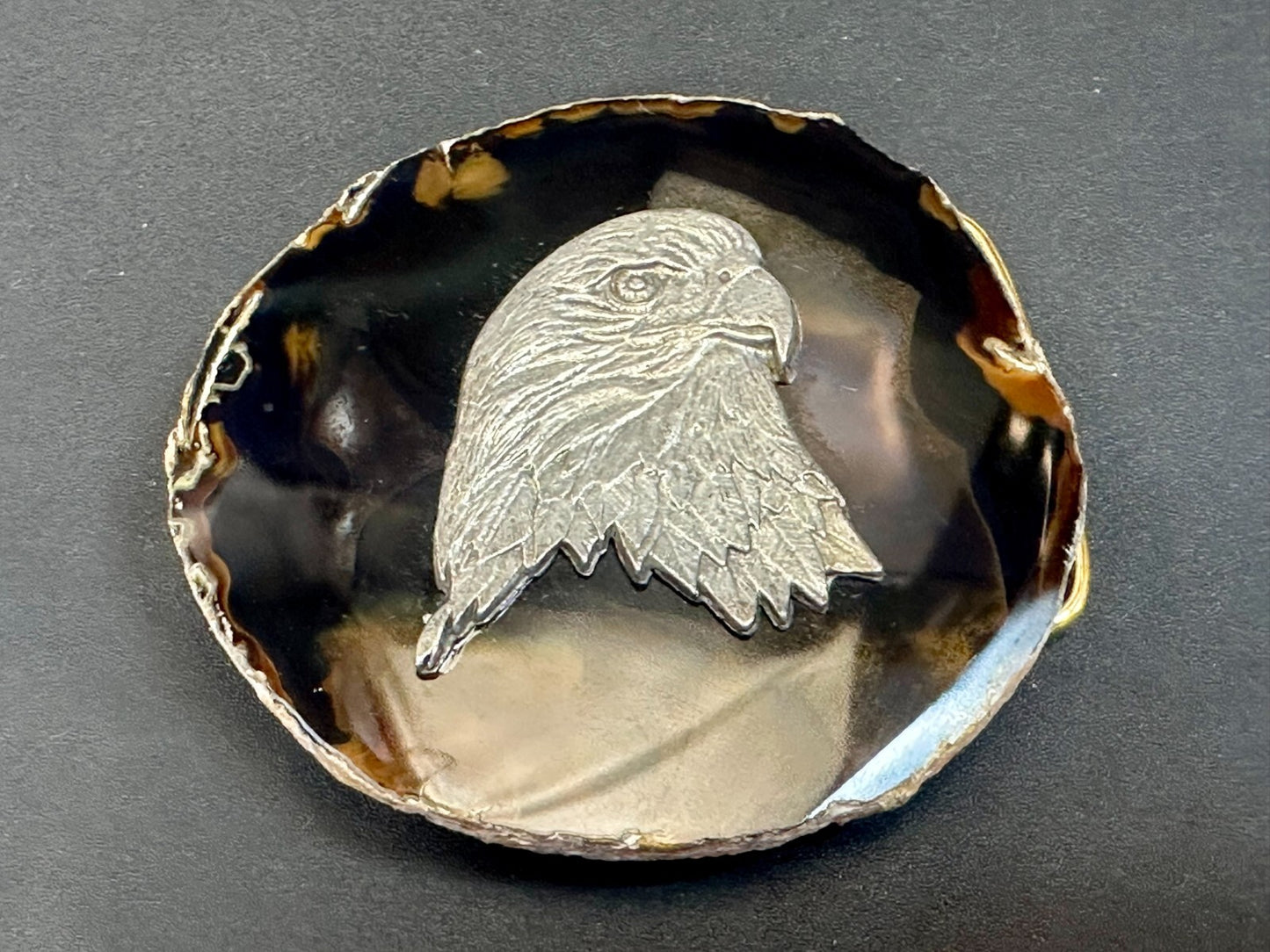 American Bald Eagle Head Carved Metal on Natural Stone Vintage Belt Buckle