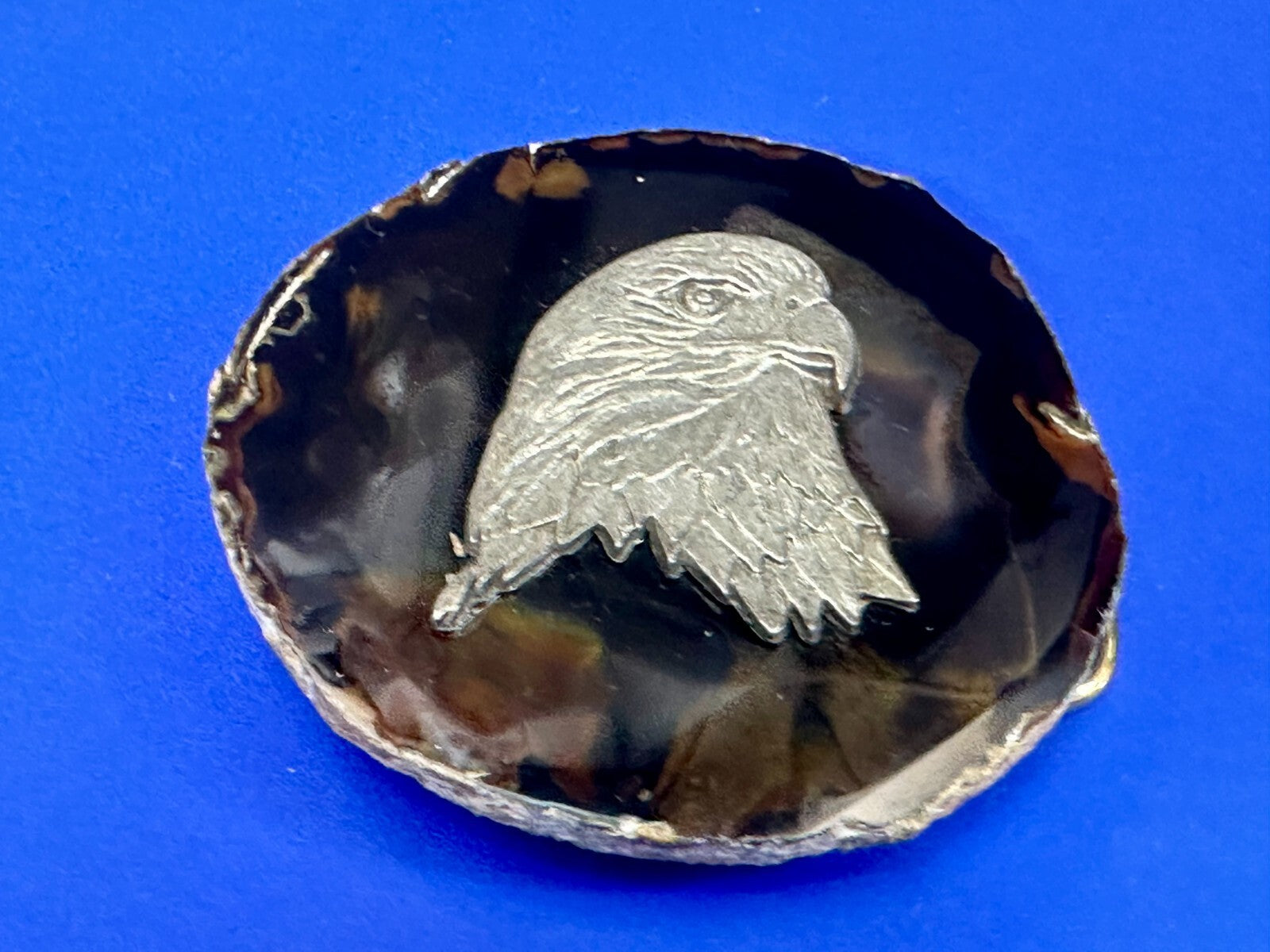 American Bald Eagle Head Carved Metal on Natural Stone Vintage Belt Buckle