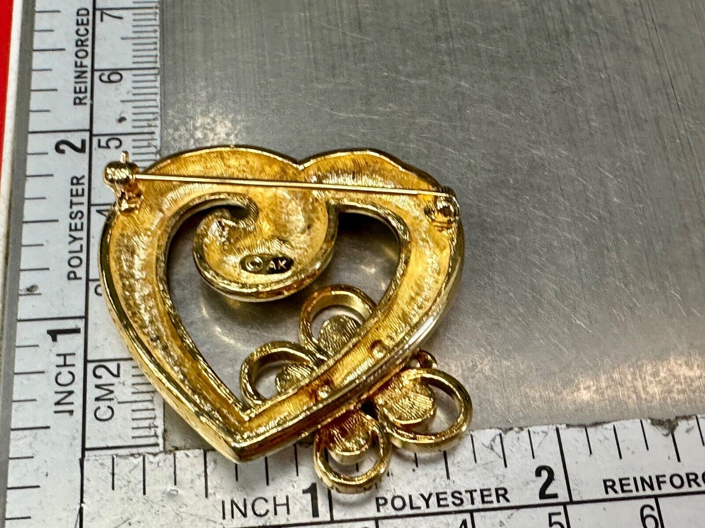 AK Anne Klein signed gold tone heart with rhinestone butterfly Brooch Pin
