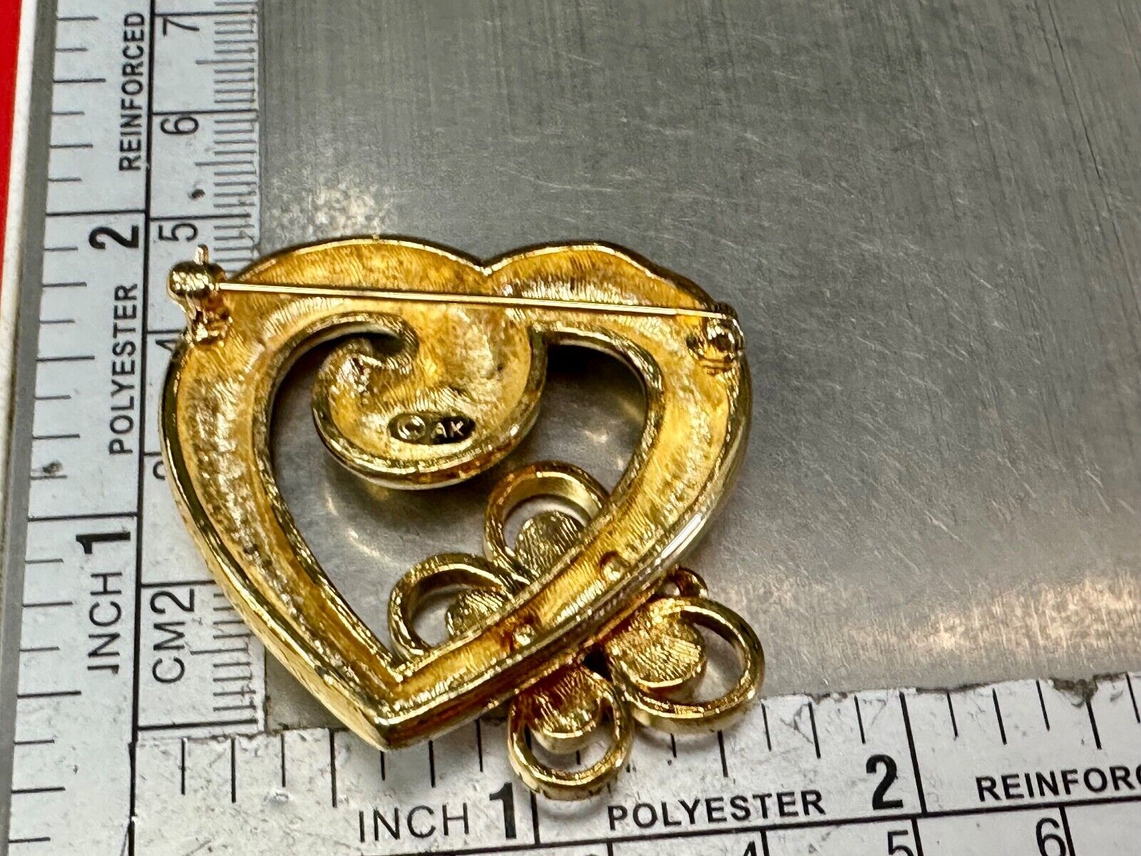 AK Anne Klein signed gold tone heart with rhinestone butterfly Brooch Pin