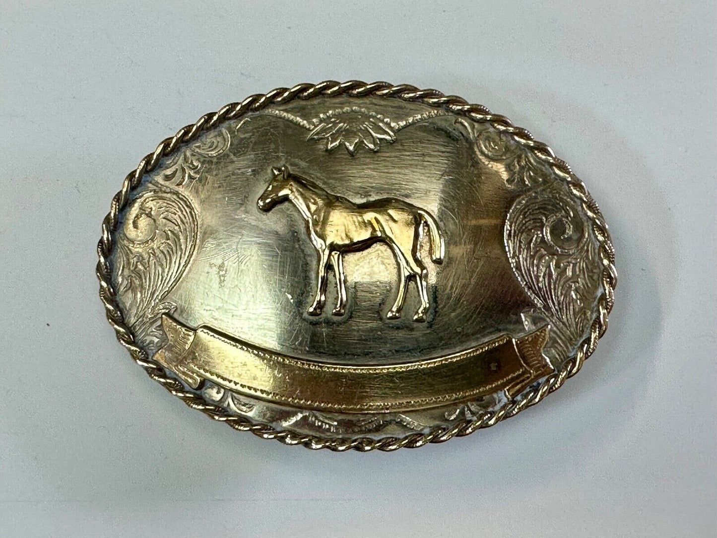 Vintage German Silver Standing Horse Engravable Trophy Award scroll belt buckle