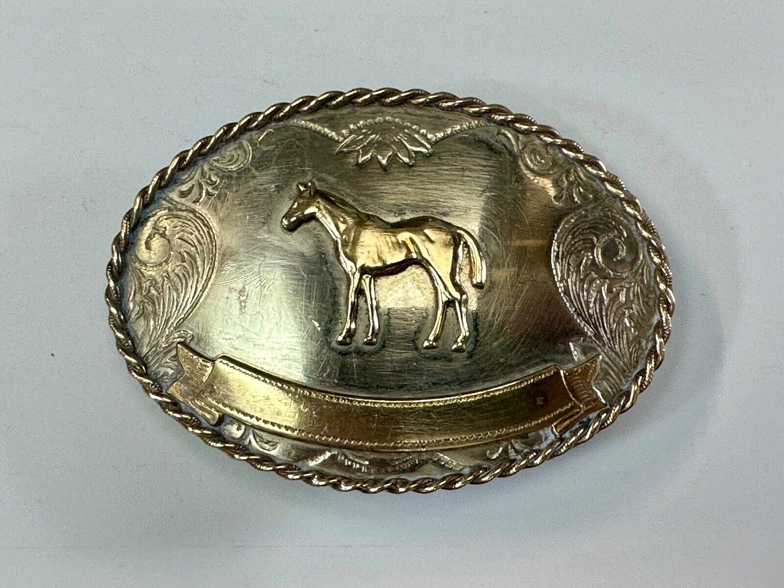 Vintage German Silver Standing Horse Engravable Trophy Award scroll belt buckle