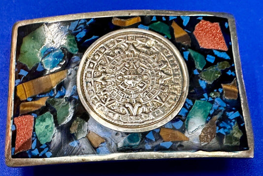 Aztec Mayan Calendar  Sun God Face Turquoise Multi Stone Chip Inlay Belt Buckle