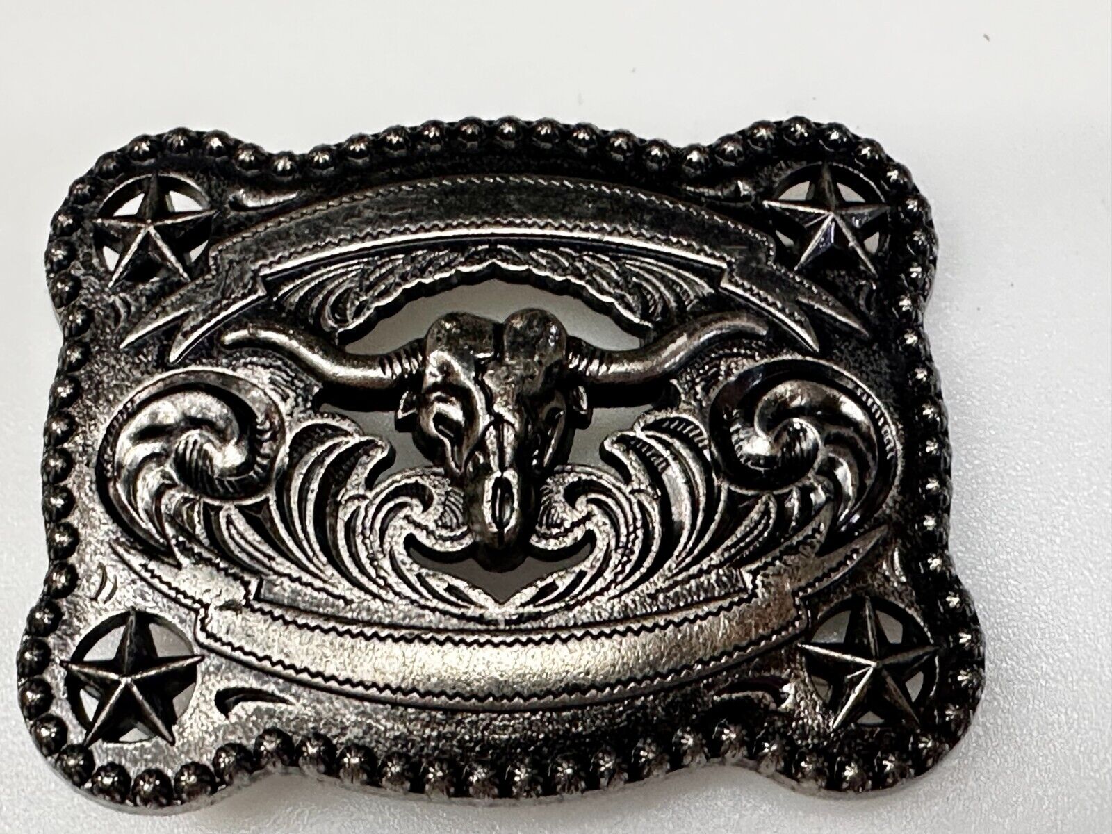 Texas Longhorn Steer / Corner Stars - Engravable Blank Award Scroll Belt Buckle