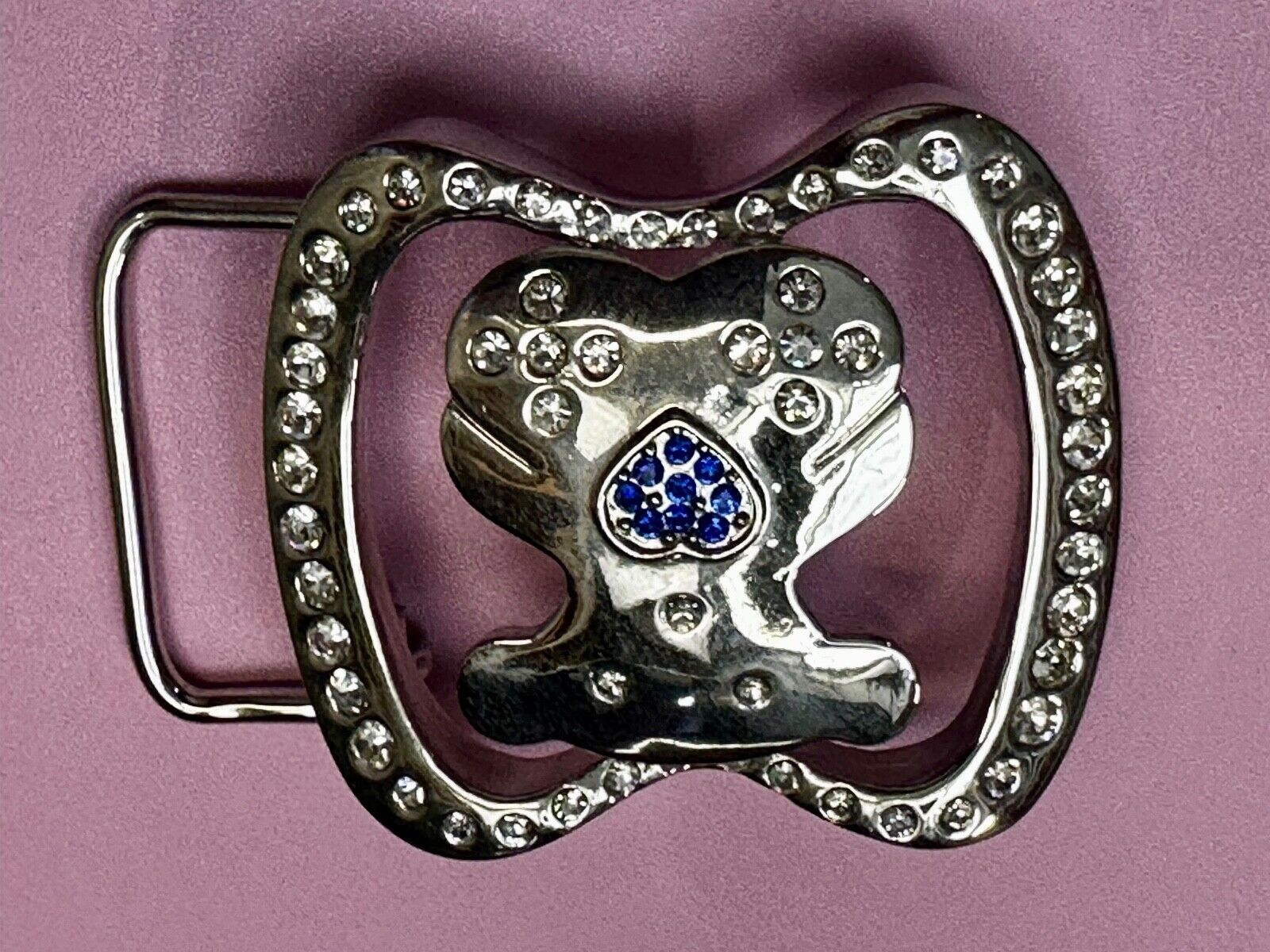 Teddy Bear W/ Heart Clear & Blue Rhinestone Accented Belt Buckle