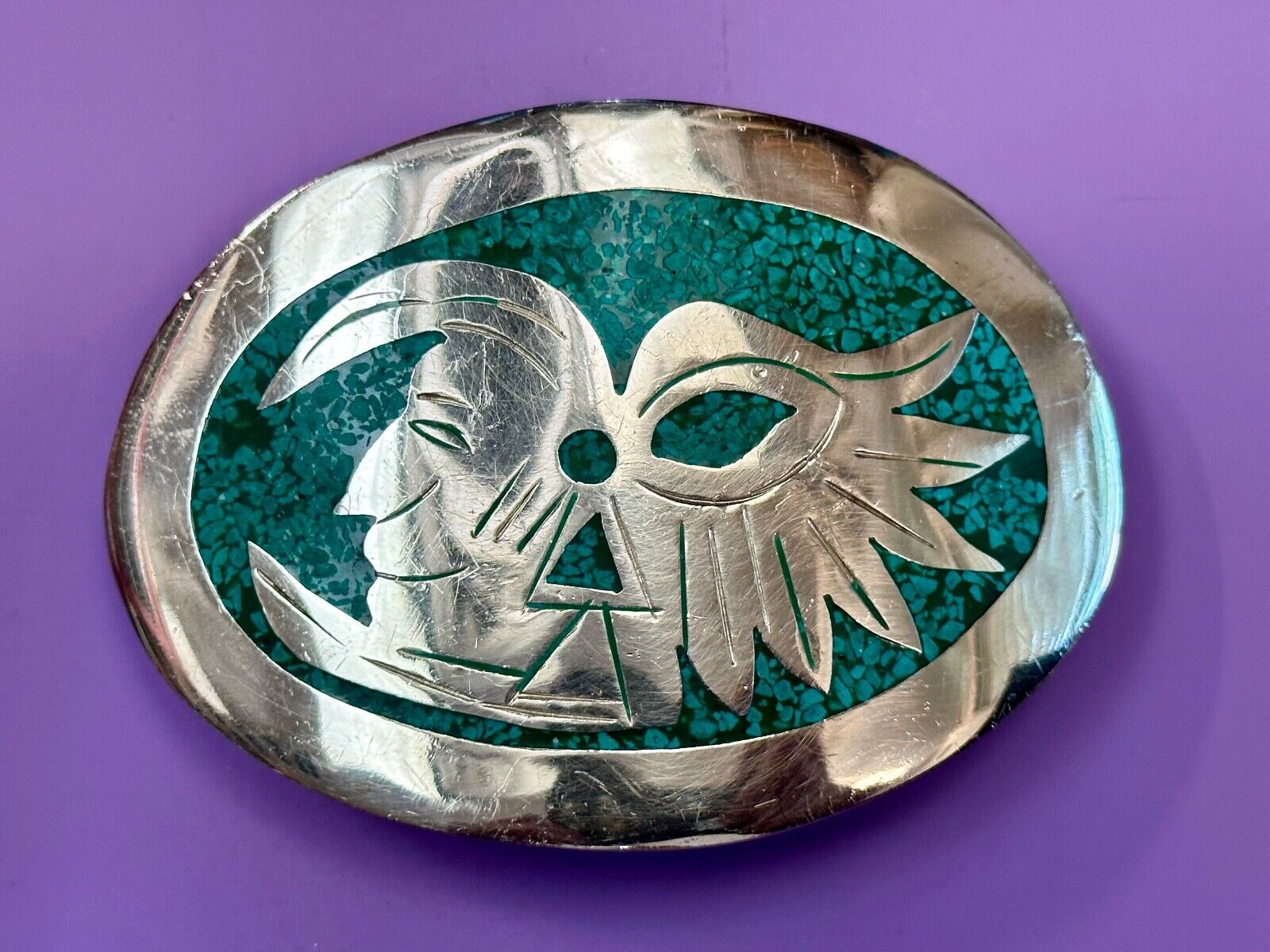 Tribal Face - Inlaid Turquoise chip to Alpaca stamped oval Belt Buckle