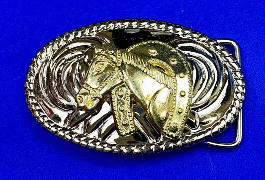 Vintage horse head through lucky horseshoe mixed metal western small belt buckle