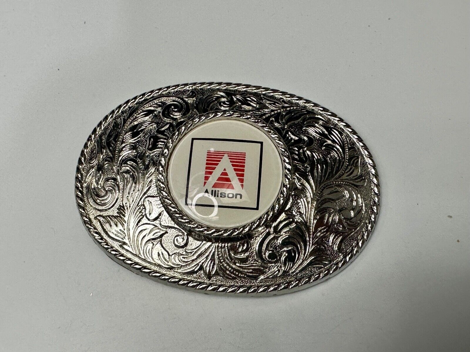 Allison Company Logo  Round Centerpiece Silver Tone Oval Western Belt Buckle