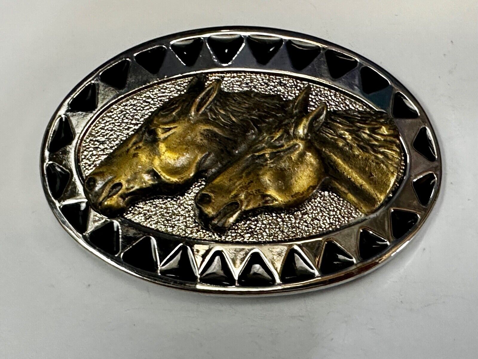 Two Horse Head -  Vintage two tone oval Belt Buckle with black arrow boarder