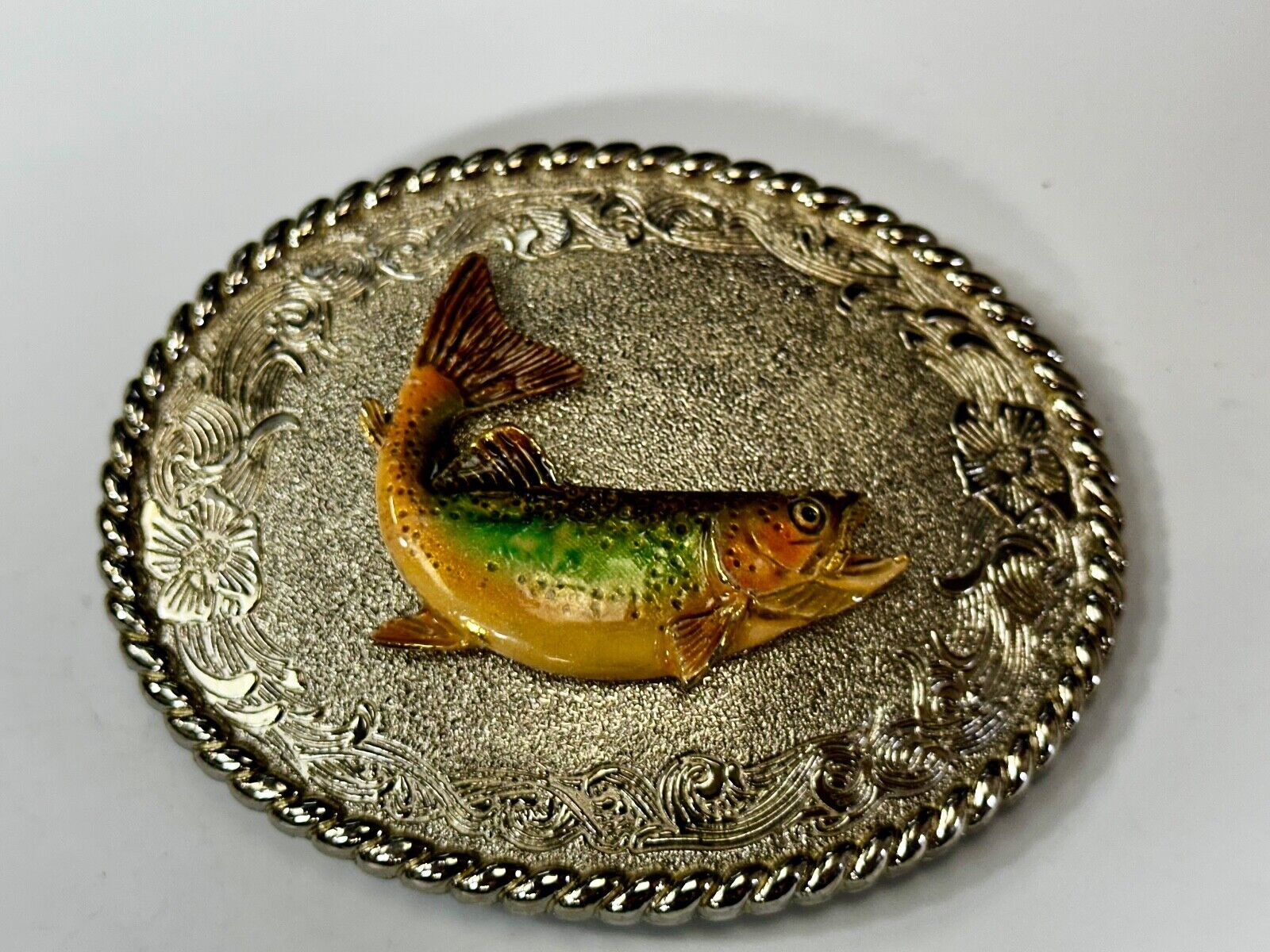 Trout Fish Fisherman Gift Vintage 1978 Oval Belt Buckle by Rain Tree