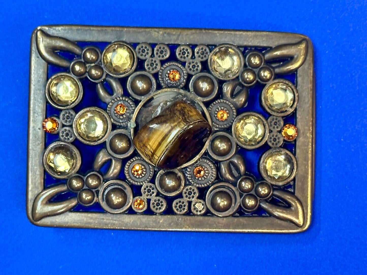 Antique Brass Style Hippie Vintage Belt Buckle With Tigers Eye In Center
