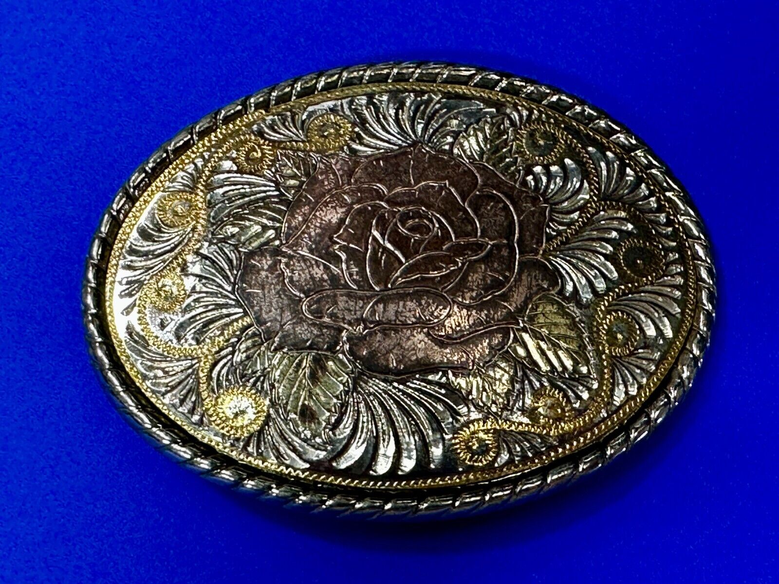 Beautiful Rose Flower Swirl Etched Design Mixed Metal Belt Buckle by W