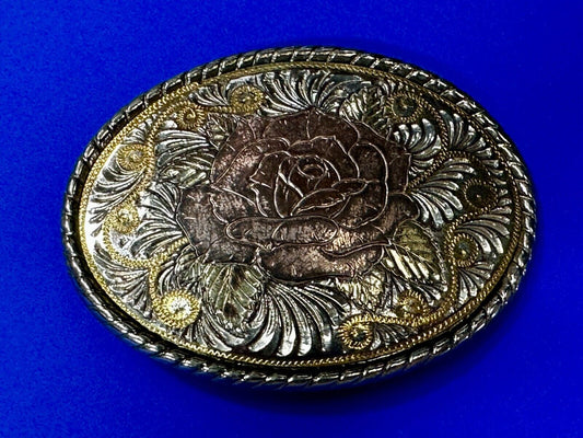 Beautiful Rose Flower Swirl Etched Design Mixed Metal Belt Buckle by W