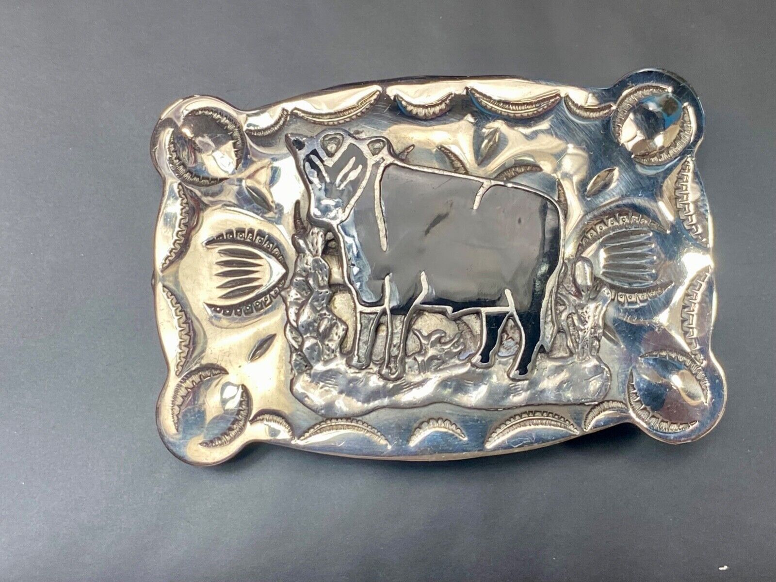 Vintage  COW BULL - Tex - Tan Nickel Silver Western belt buckle