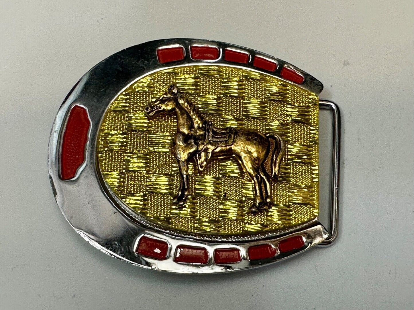 Artisan Resin covered Horseshoe shaped Belt Buckle with gold tone standing horse