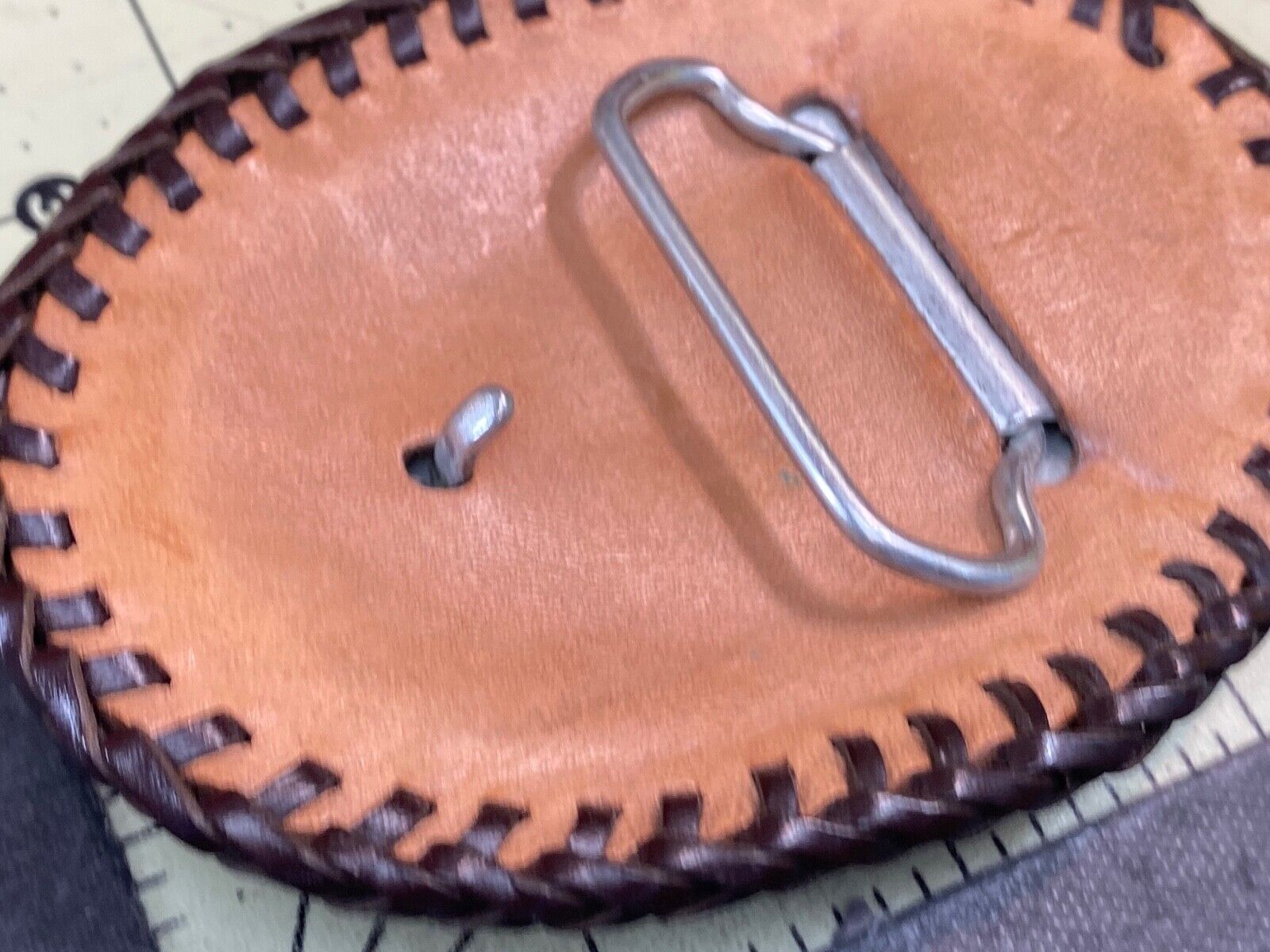 Vintage - Leather stitched belt buckle with Oil? company logo 