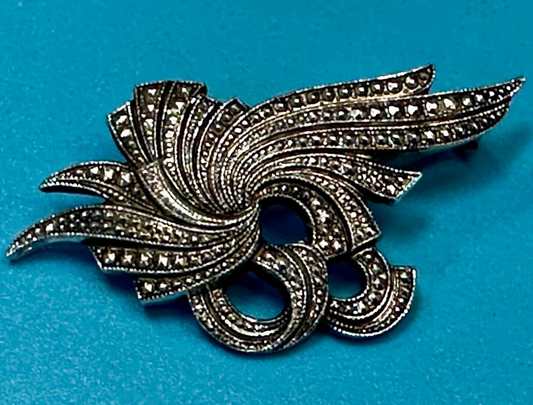 Abstract Swirl Design Textured Marcasite Vintage Brooch Pin Marked W Germany