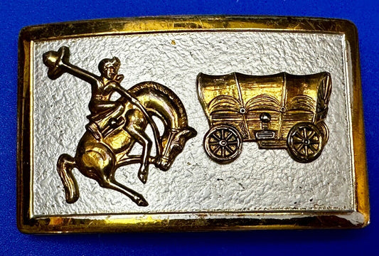 Vintage Cowboy Saddle Bronc western Covered wagon gold tone belt buckle