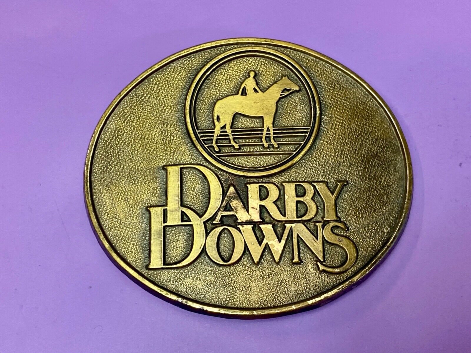 VINTAGE 1970s DARBY DOWNS HORSE RACETRACK BRASS TONE BELT BUCKLE by RJ