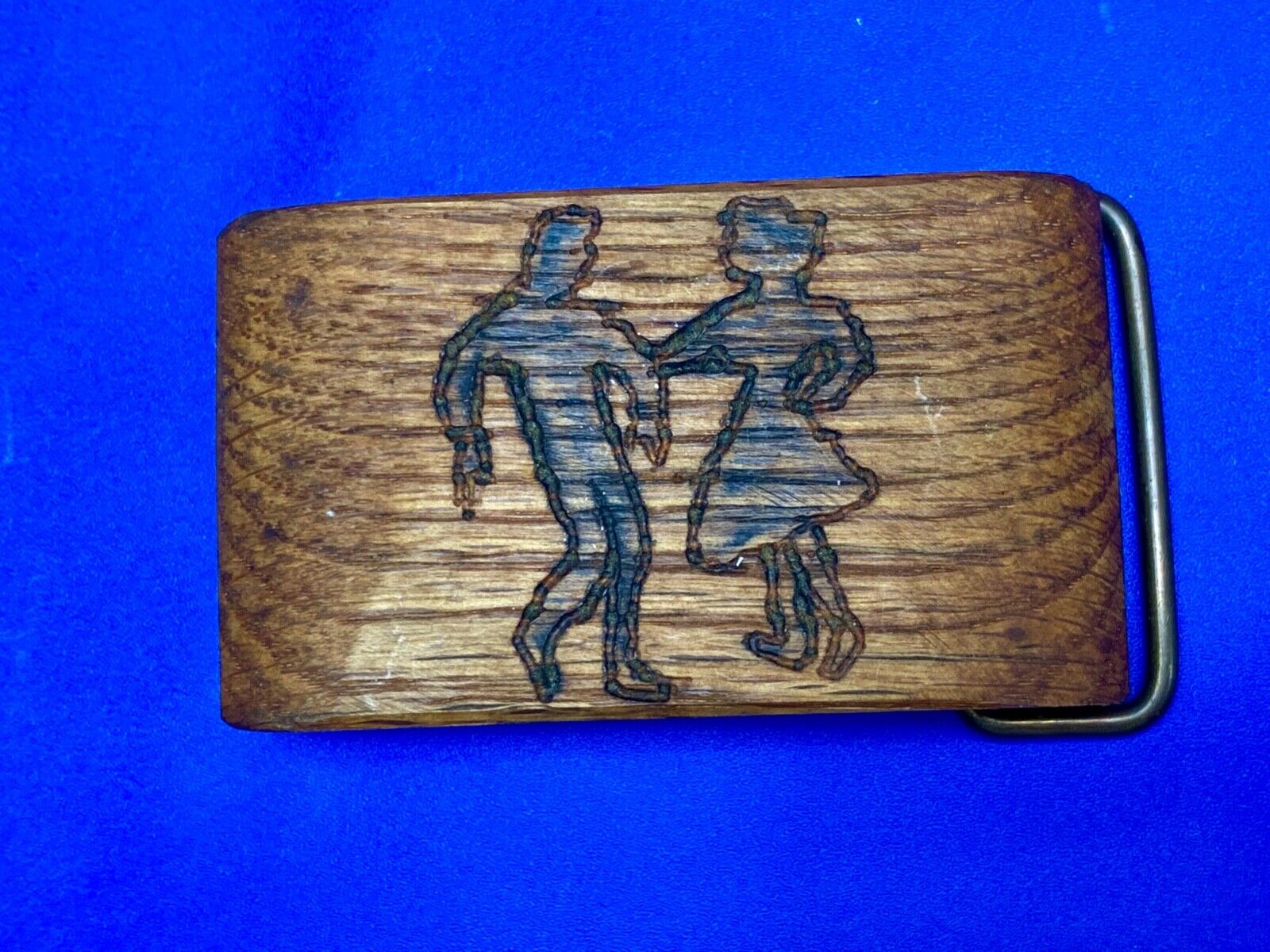 Artisan country line square Dancing Couple burned into wood grain belt buckle