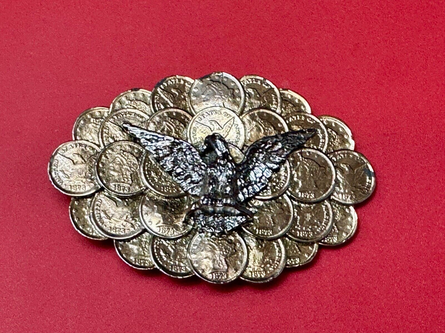 American Eagle wings wide over cluster of Indian Head Coins belt buckle