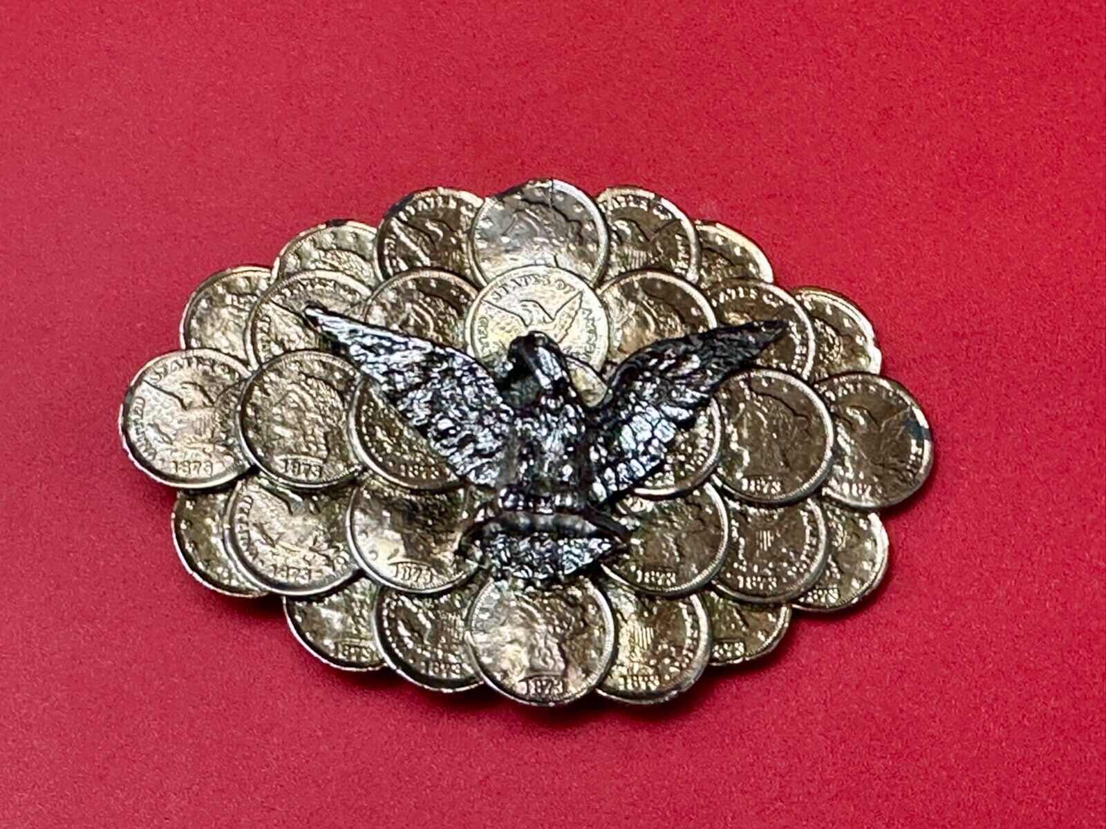 American Eagle wings wide over cluster of Indian Head Coins belt buckle