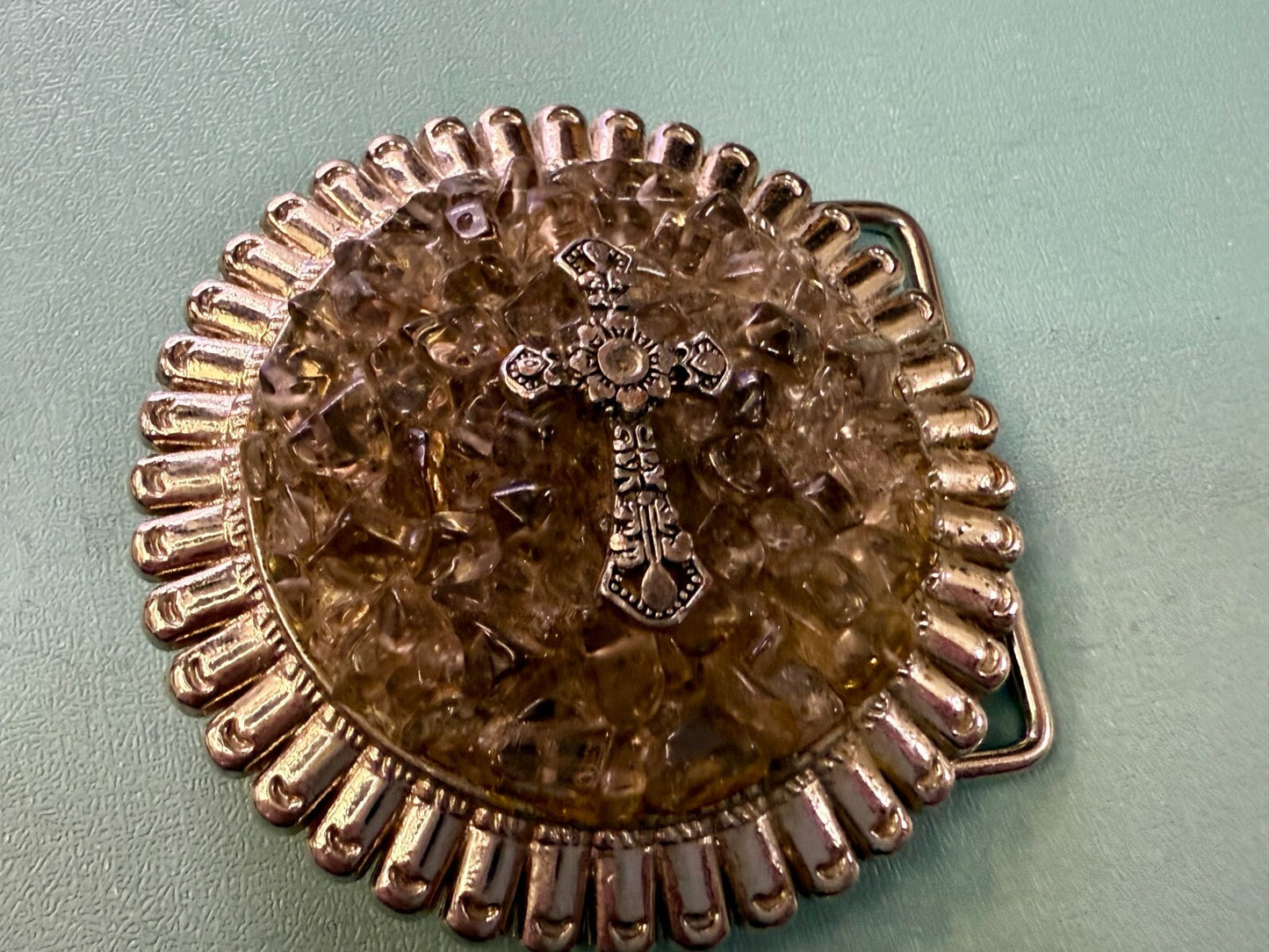 Artisan Religious Iron Cross Clear Stone Covered Unique Round Belt Buckle