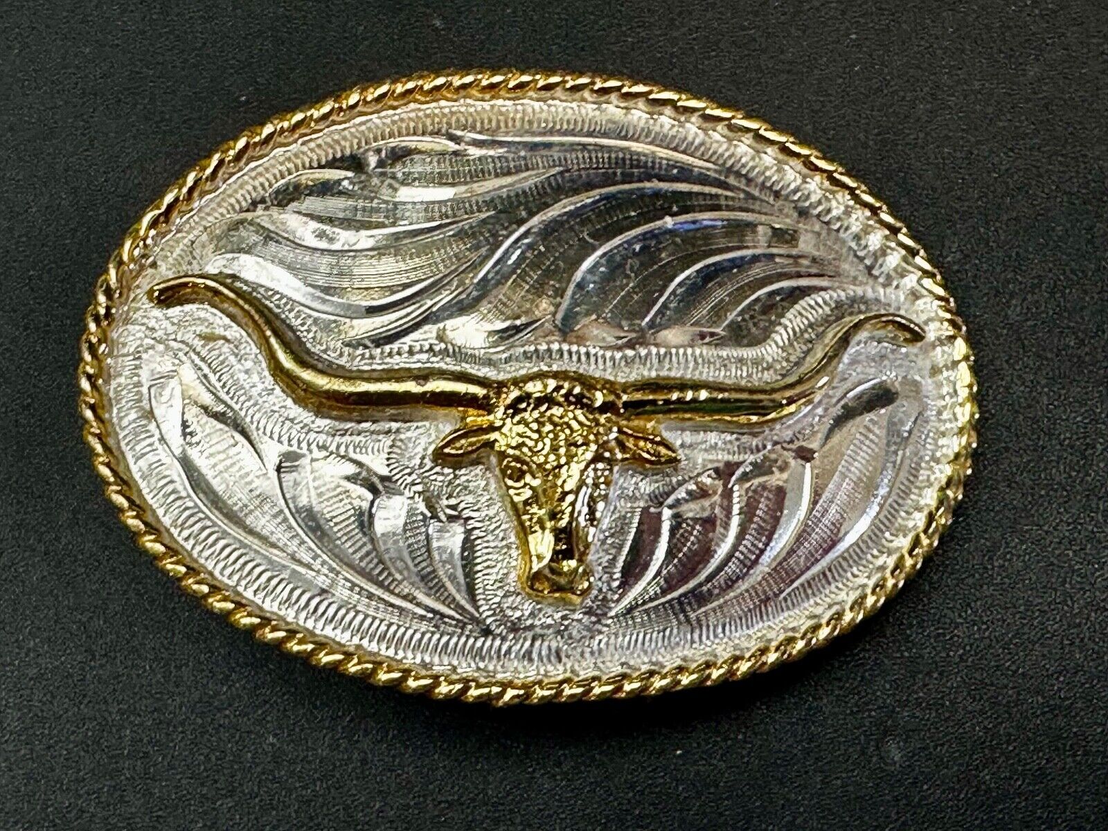 Beautiful Longhorn Western Cowboys Steer Vintage Two Tone Alpaca Mex Belt Buckle