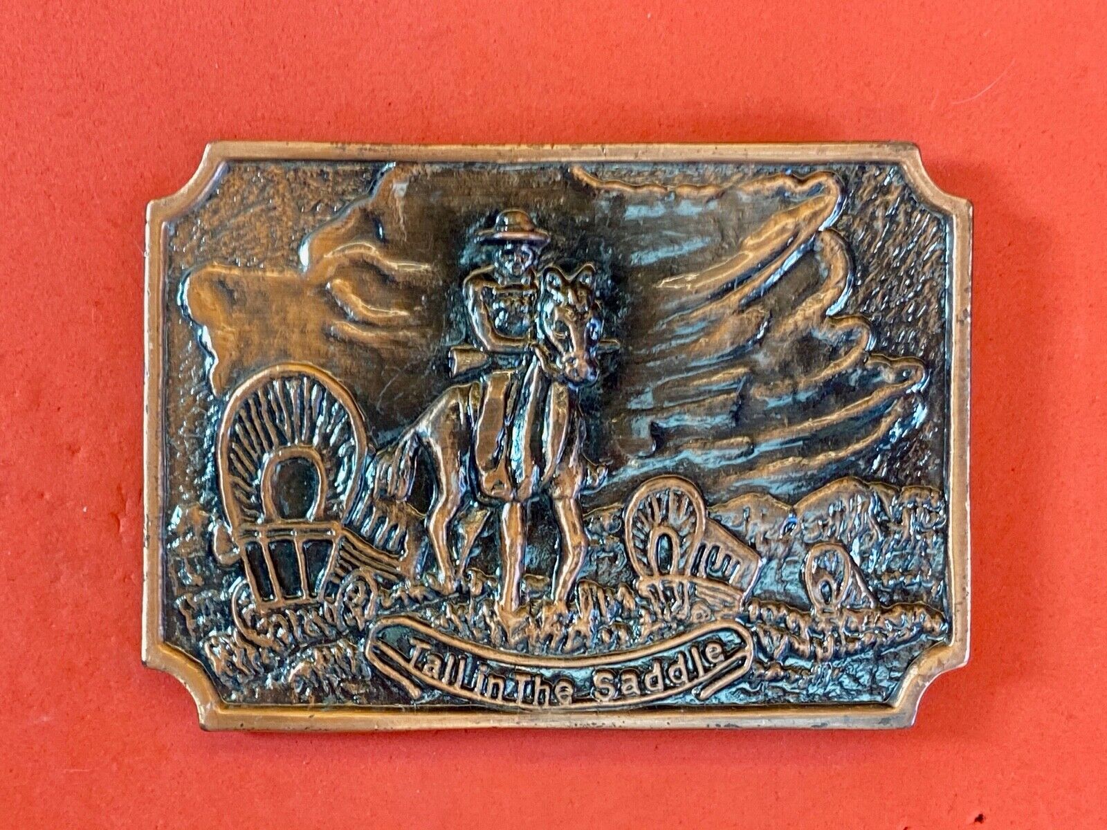 Tall In The Saddle Western Rodeo Cowboy On Trail With Covered Wagon Belt Buckle 