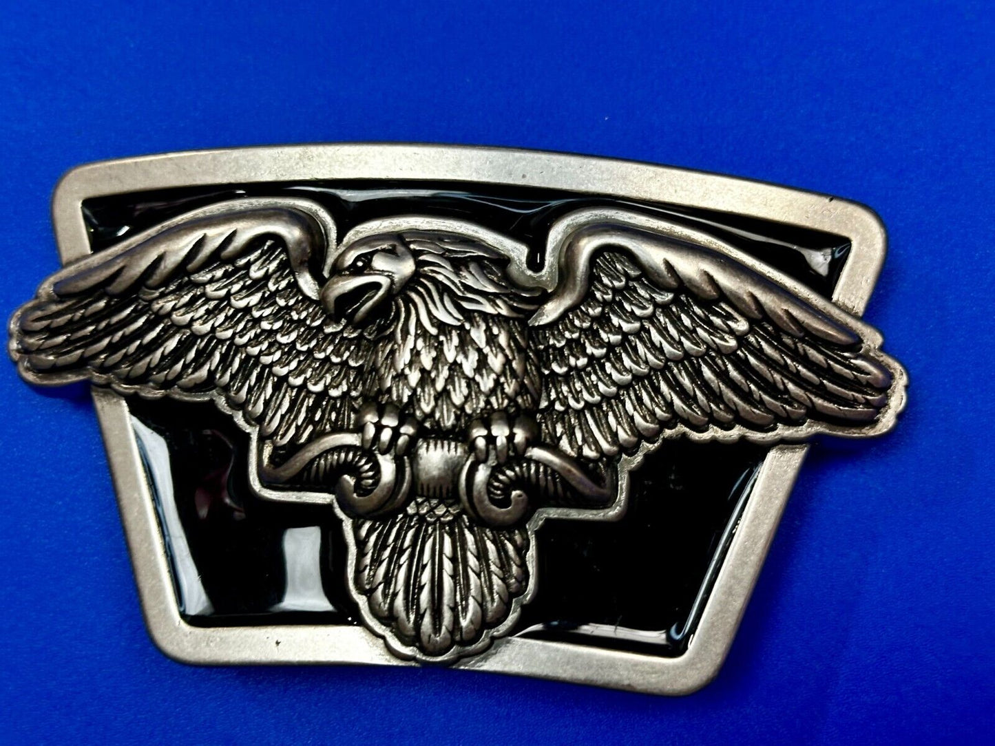 American Flying Bald Eagle Spreading Wings Silver Tone Black Enamel Belt Buckle