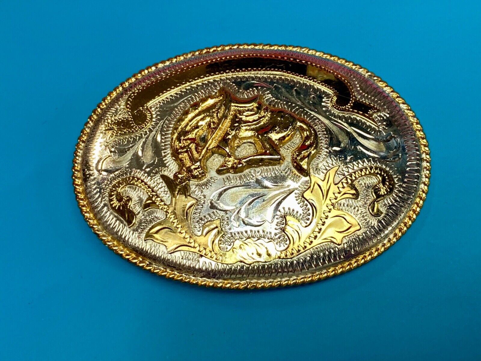 Vintage Horse w/ award ribbon scroll Alpaca Mexico Stamped western belt buckle