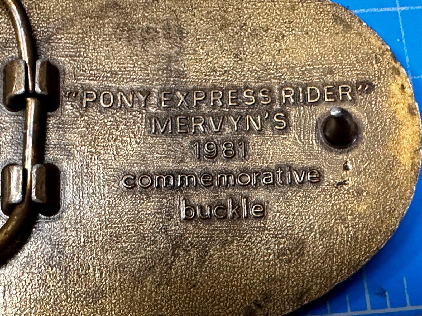 Vintage 1981 Pony Express Rider Mervyn's Commemorative Brass Tone Belt Buckle