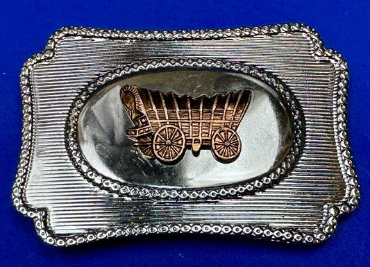 Vintage covered wagon western horse drawn transportation belt buckle