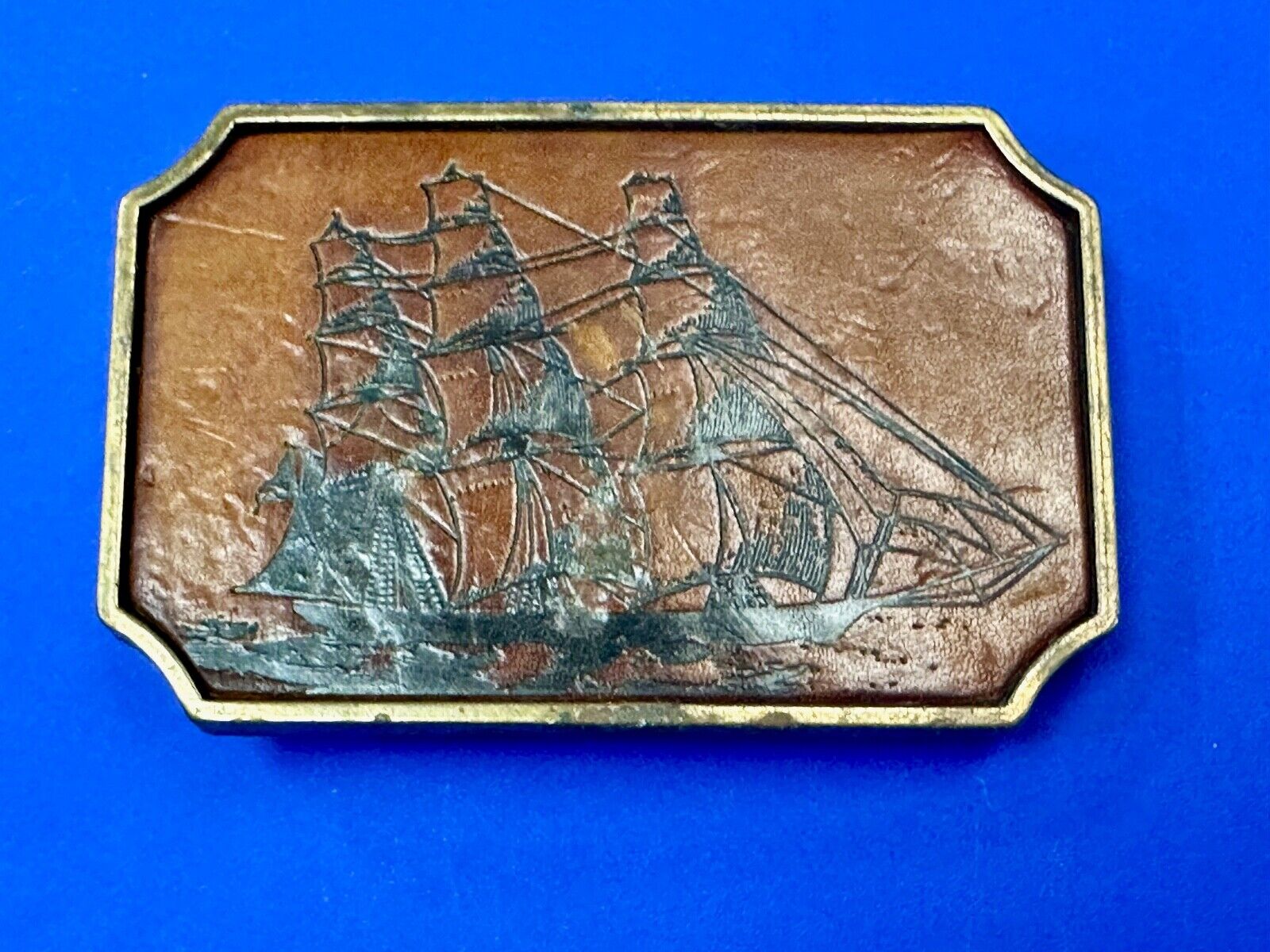 Three mast Sail Boat Ship Nautical theme leather and solid brass BTS belt buckle