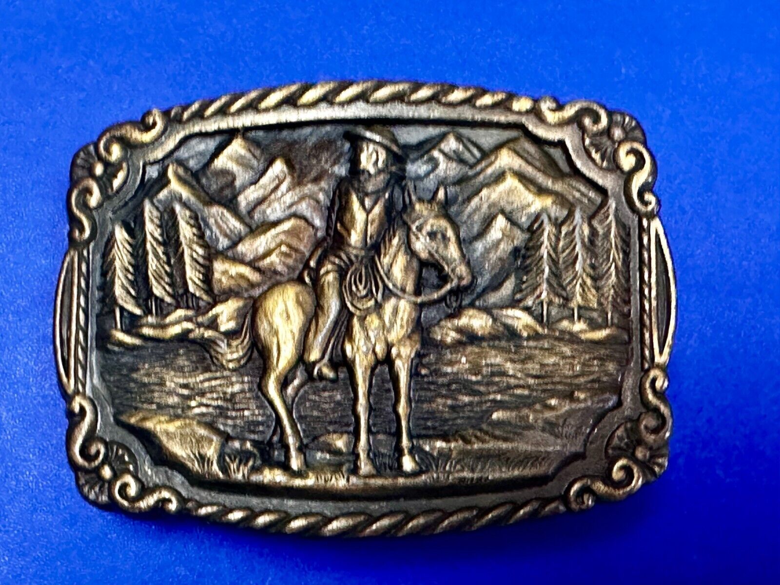 Tall In The Saddle Western Cowboy Leading Wagon Train Vintage ART Belt Buckle
