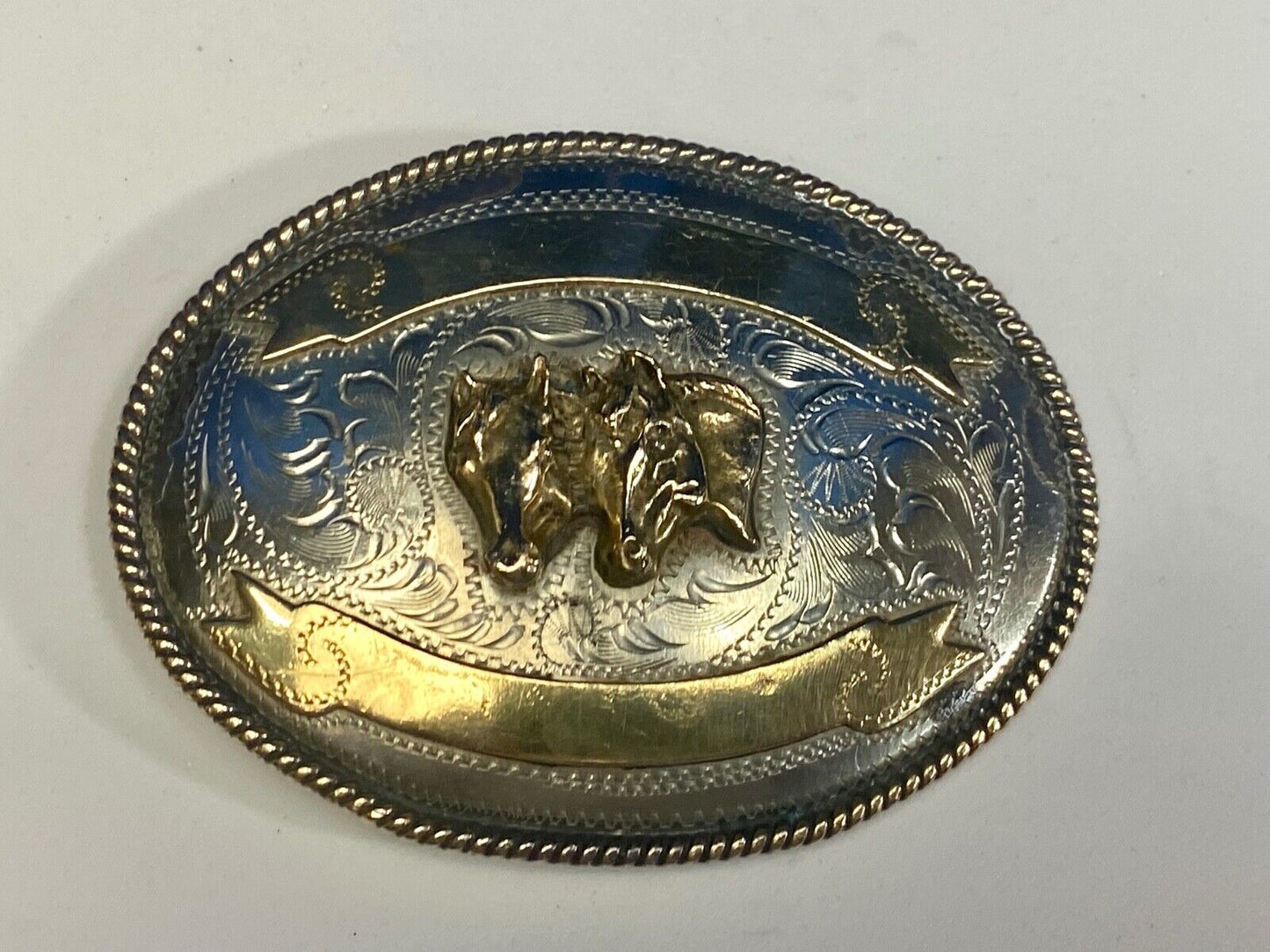 Vintage 4" Three Horse Head's  On Alpaca Mexico Belt Buckle Blank Trophy Scroll 