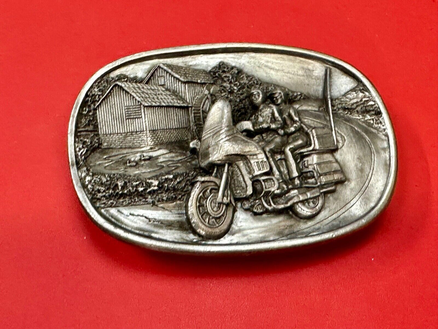 Biker Couple riding on Motorcycle  Vintage 1984 Bergamot belt buckle  L-49 1