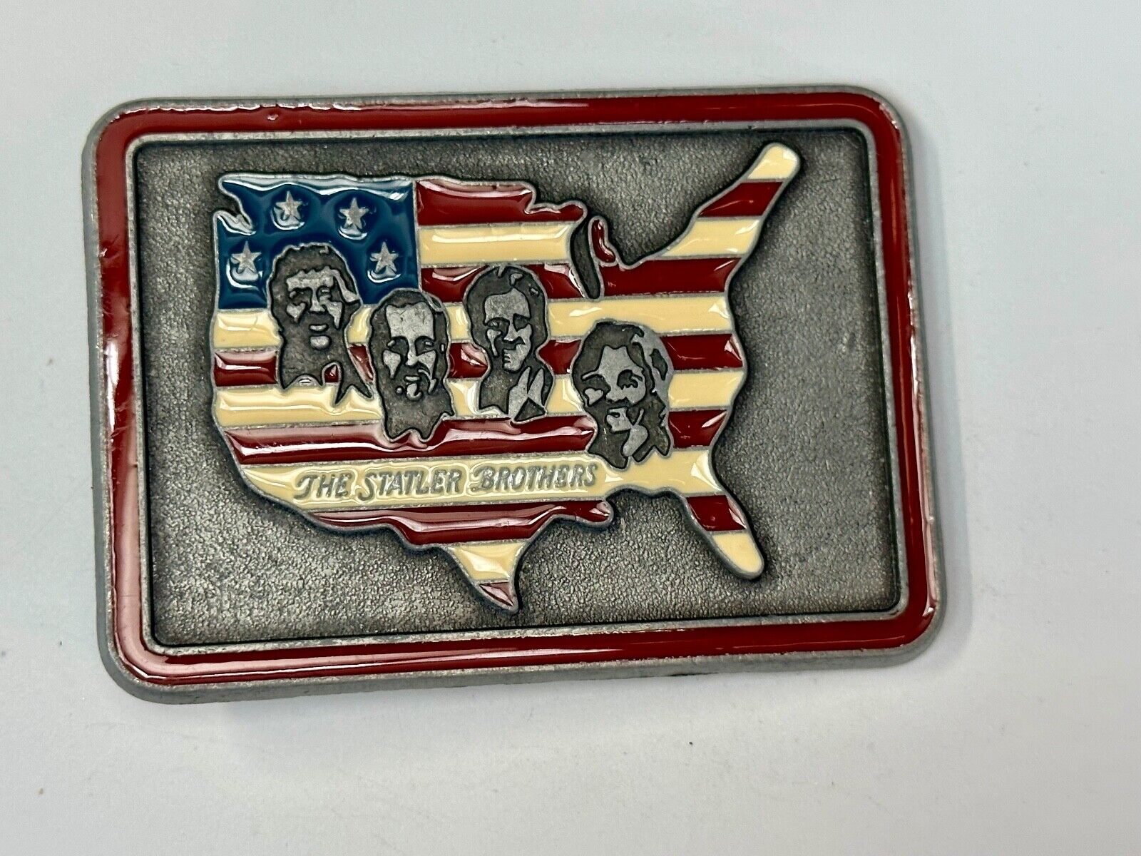 The Statler Brothers American Flag Country Shaped background band belt buckle