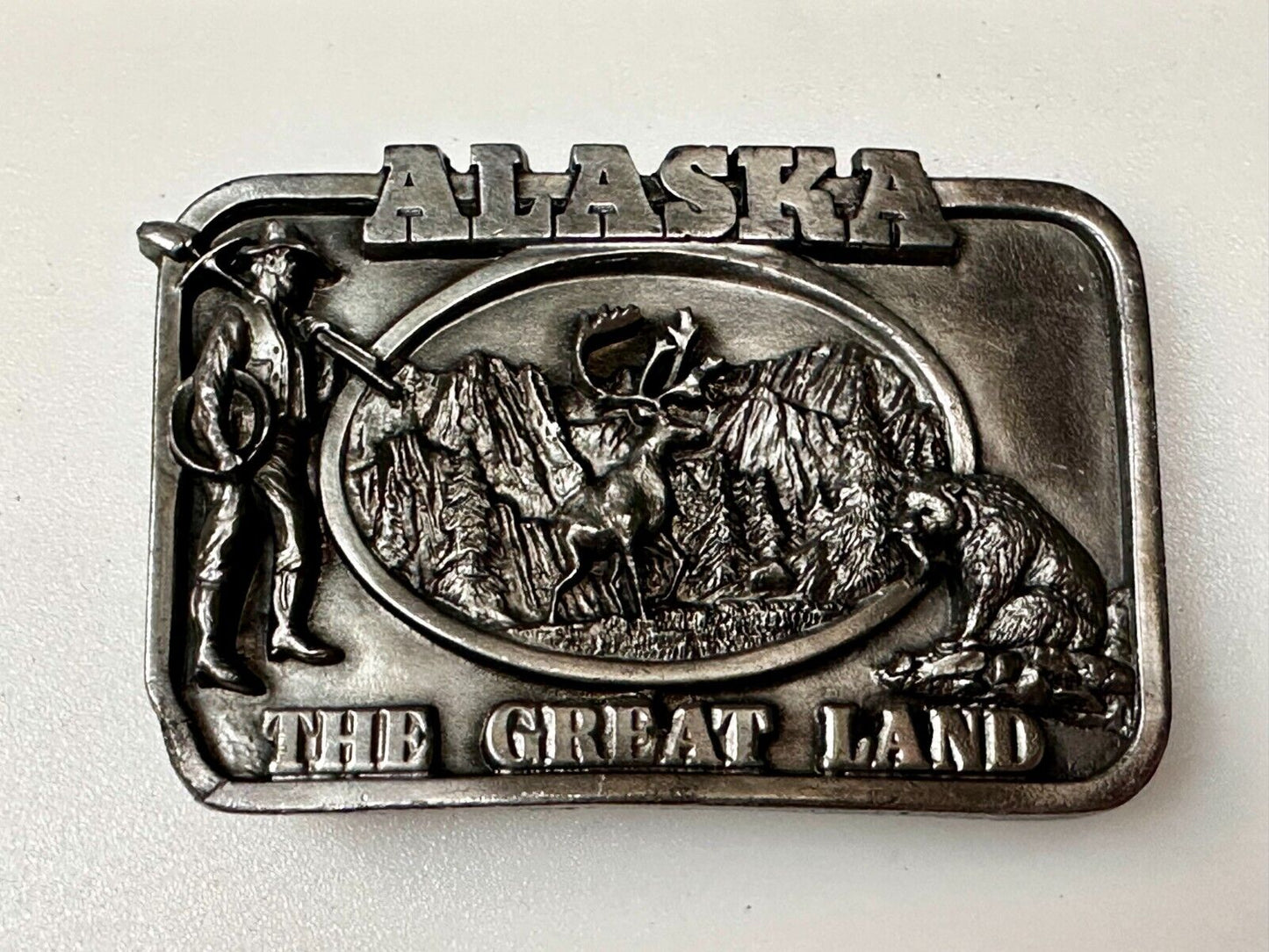 Alaska The Great Land -  Last Frontier State 1980's Siskiyou Pewter Belt Buckle