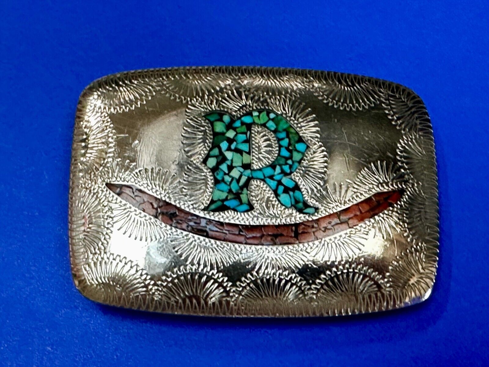 Turquoise & Coral Inlaid Native American Belt Buckle SSH Custom Initial Letter R