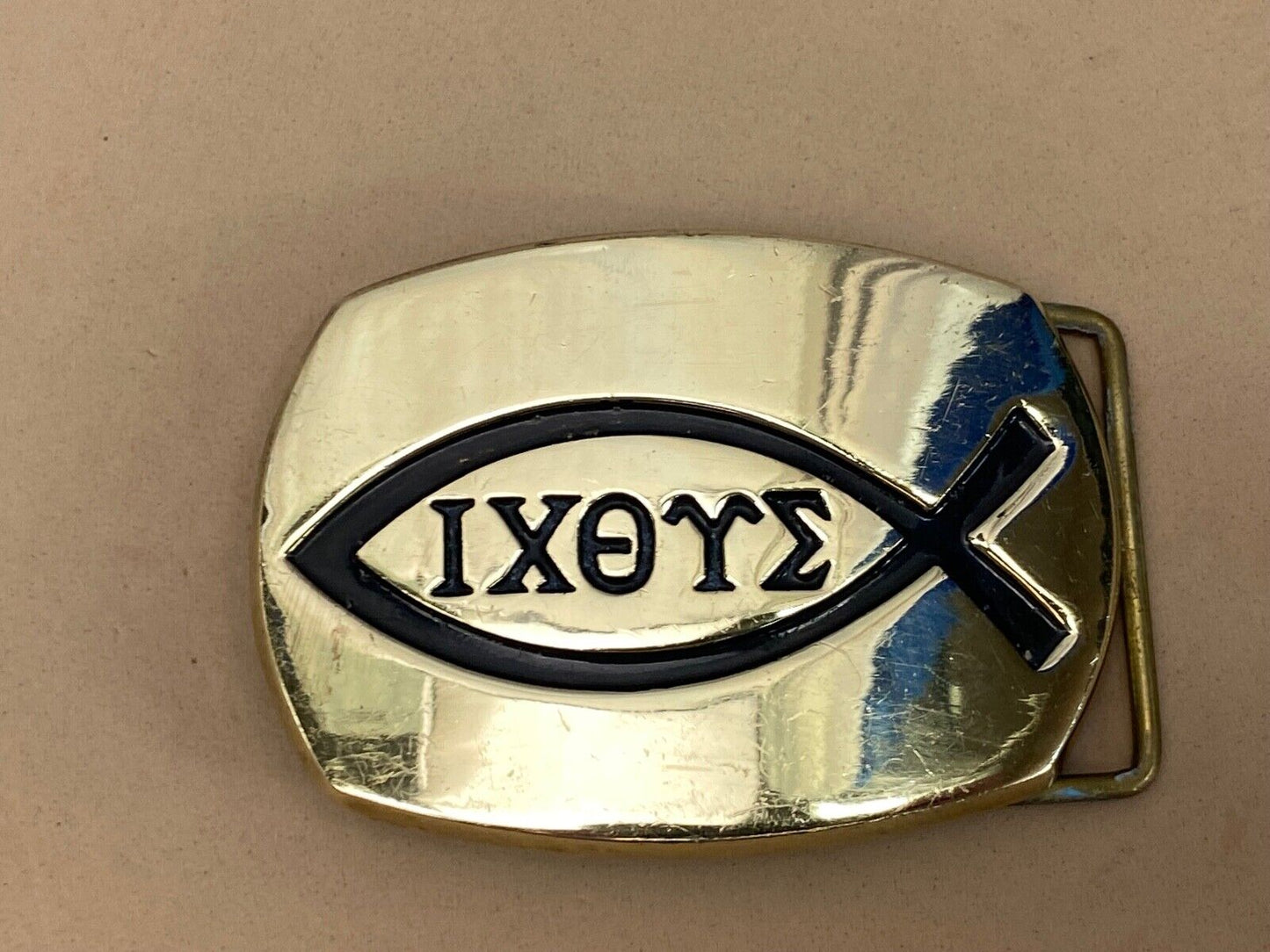 Vintage Ichthus Jesus Fish Ixoye Christian Symbol Icthus Brass Belt Buckle 